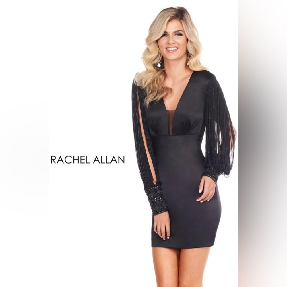 Rachel Allan Black Fringe Sleeve V-Neck Mini Dress